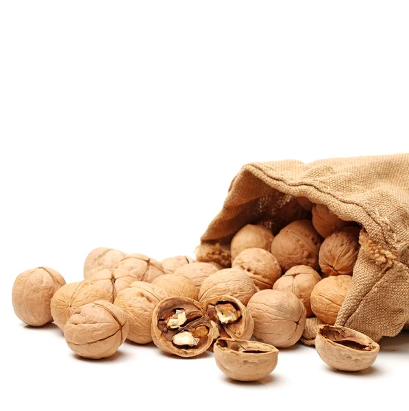 Walnuts with bag — Stock Photo, Image