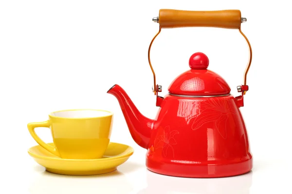 Red tea kettle with cup — Stock Photo, Image