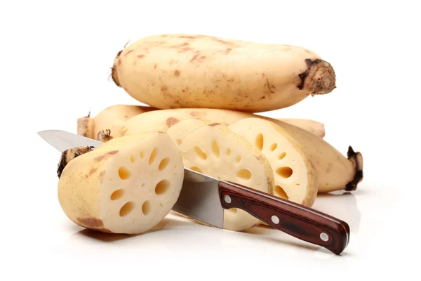 Lotus roots with knife — Stock Photo, Image