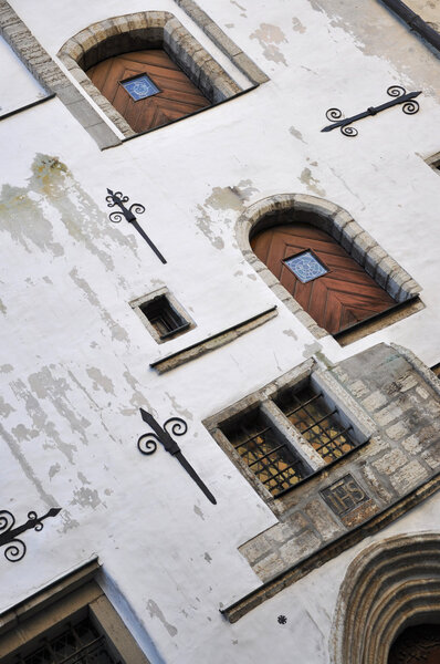 Classical ornate facade with wooden doors, Tallinn, Estonia