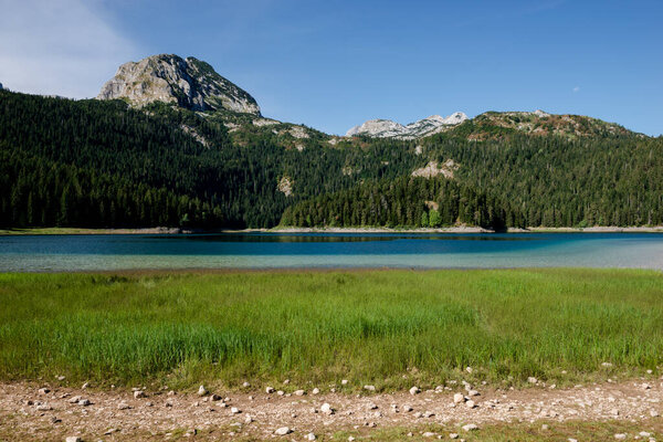 Живописный летний горный пейзаж Черного озера (озеро Црно) в Национальном парке Дурмитор, Черногория
