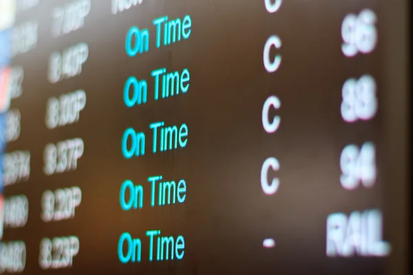 Airport monitor with different air traffic words signalling the state of a certain flight. — Stock Photo, Image