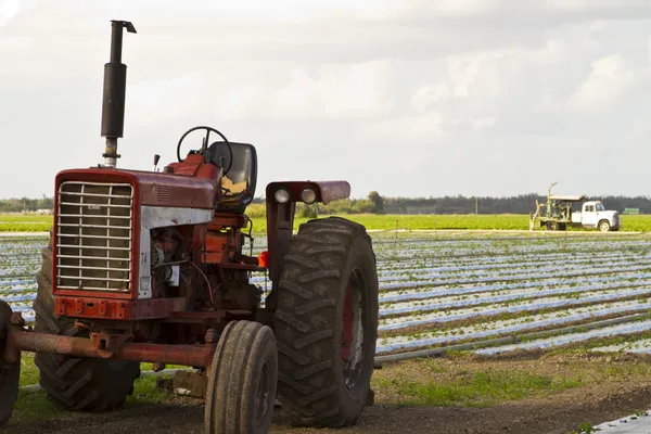 Vintage roestig landbouwgrond apparatuur met boerderij achtergrond — Stockfoto