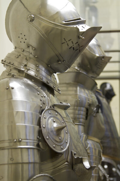 Suits of armor on display at a local museum, medieval time frame.