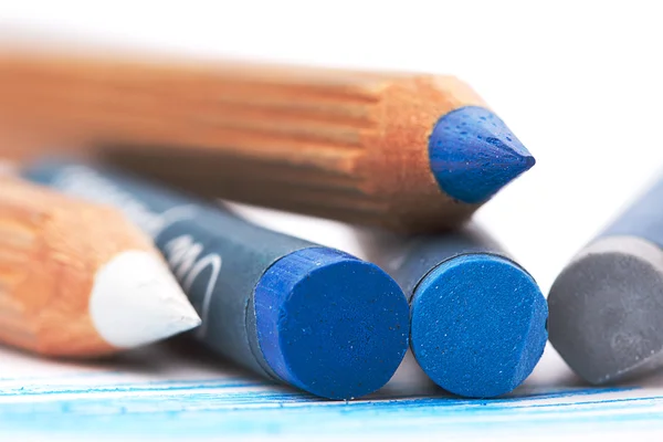 Gray abd blue oil pastels and watercolor pencils — Stock Photo, Image