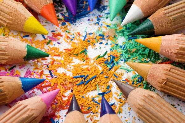 Colorful sharpened pencils and shavings — Stock Photo, Image