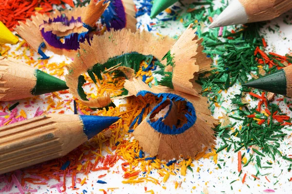 Colorful sharpened pencils and shavings — Stock Photo, Image