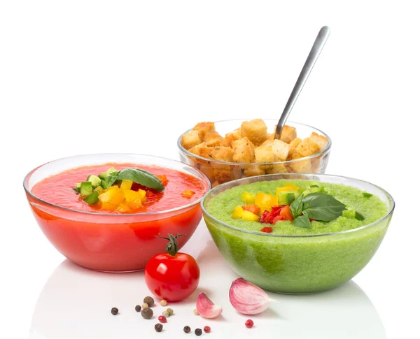 Zachwycający zimny gazpacho czerwona i zielona zupa z grzankami czosnku — Zdjęcie stockowe