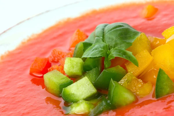 Zachwycający zimny czerwone gazpacho zupa z bazylią pozostawia zbliżenie — Zdjęcie stockowe