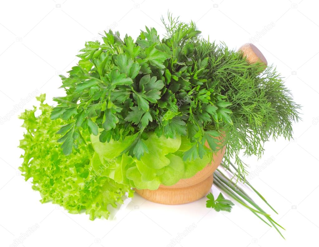 Green herbs in a pounder isolated on white background