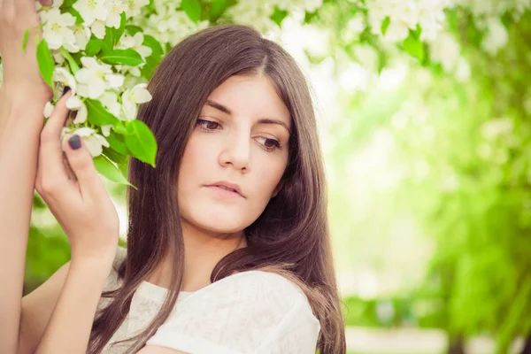 Hermosa chica morena de primavera en el jardín floreciente — Foto de Stock