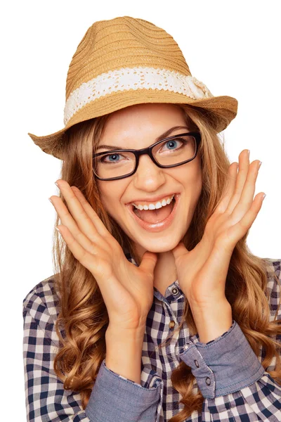 Portrait of a surprised young model in a hat and glasses with mo Stock Image