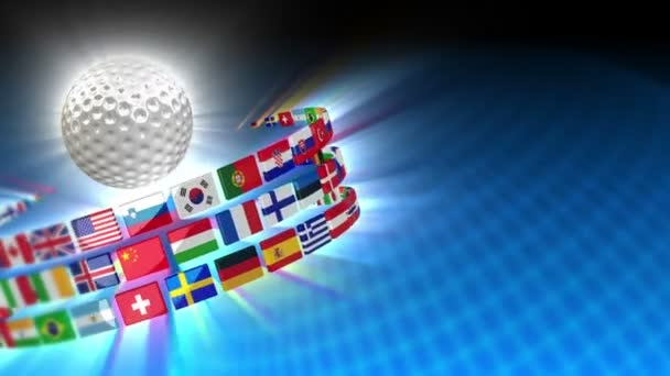 Golf topu ile uluslararası bayrakları hareketli arka plan — Stok video