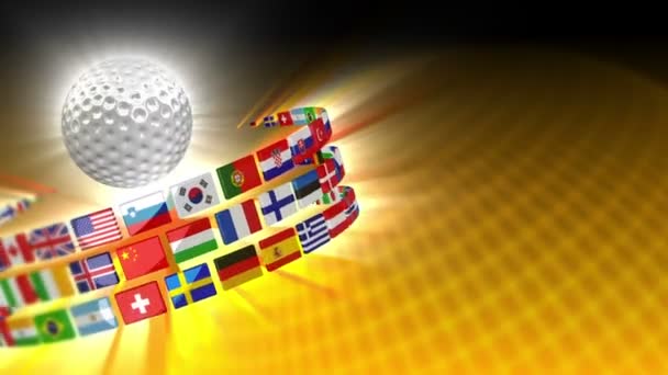 Palla da golf con bandiere internazionali movimento sfondo — Video Stock