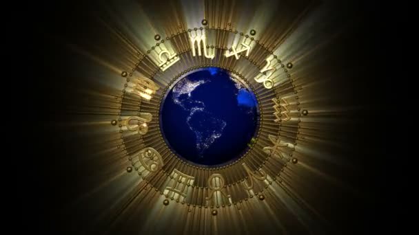 Zlaté astrologie znamení zvěrokruhu a planet earth — Stock video