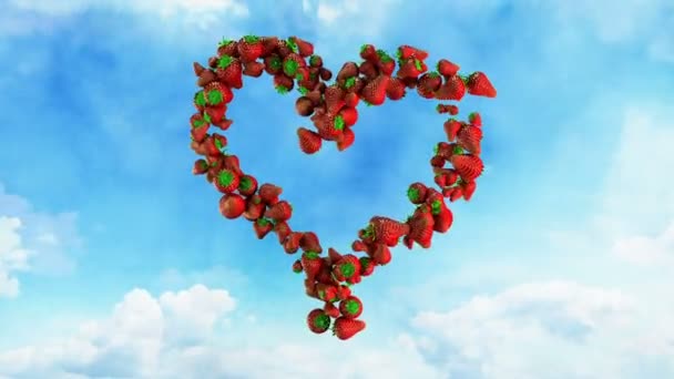 I Love Fresh Food - Strawberry Heart on Sky — Stock Video