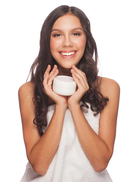 Woman applying moisturizing cream — Stock Photo, Image