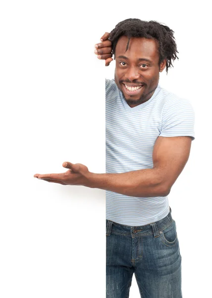Homem alegre com tabuleta em branco — Fotografia de Stock