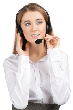 Portrait of a pretty female call center employee clipart
