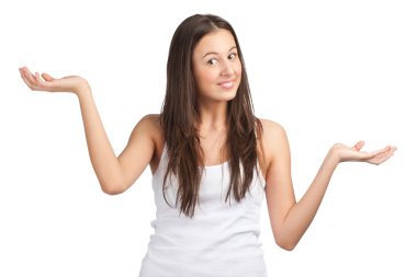 bir şey üzerinde ellerini avuç gösterilen casual kız