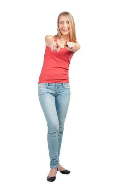 Portrait of cheerful young woman pointing — Stock Photo, Image