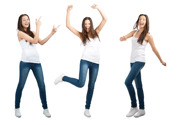 Collage van gelukkig opgewonden jonge vrouw — Stockfoto