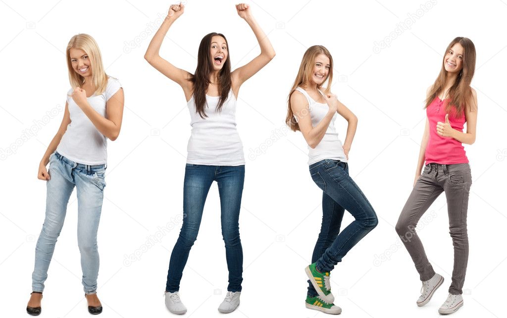 Collage of four happy excited young women