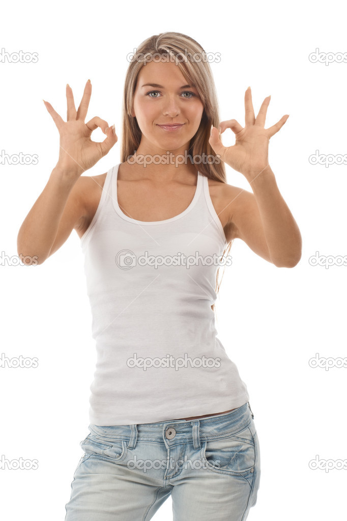 Portrait of beautiful girl showing OK sign