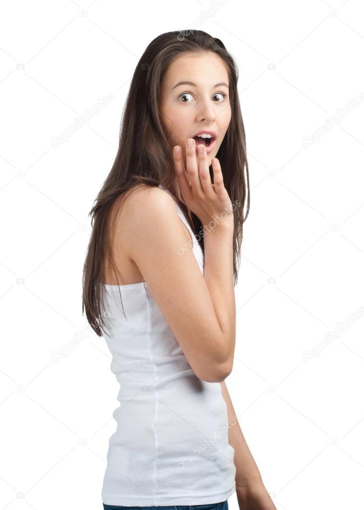 Excited woman covering her mouth