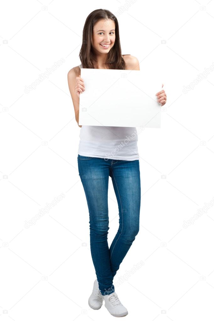 Casual girl holding a blank signboard