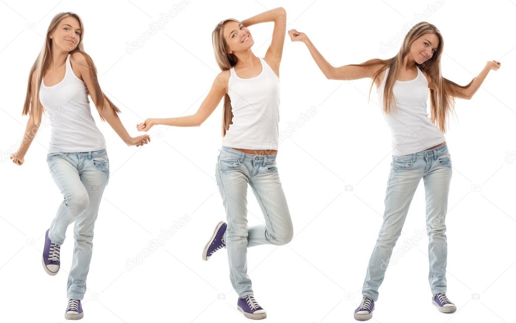 Collage of happy excited young woman dancing