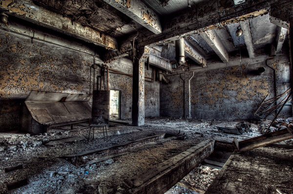 Old abandoned factory, indoors view