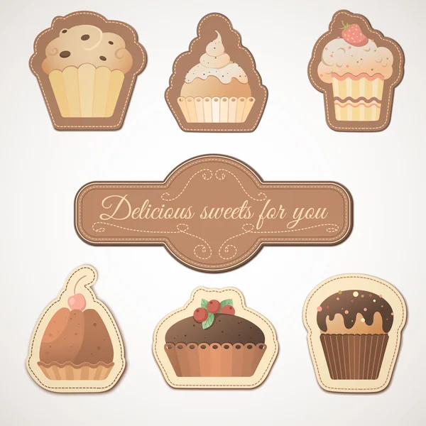 Läckra sötsaker: en uppsättning kort med muffins — Stock vektor