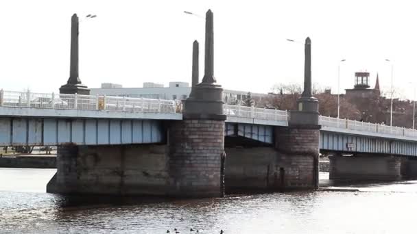 En bro med bilar som passerar förbi på staden — Stockvideo