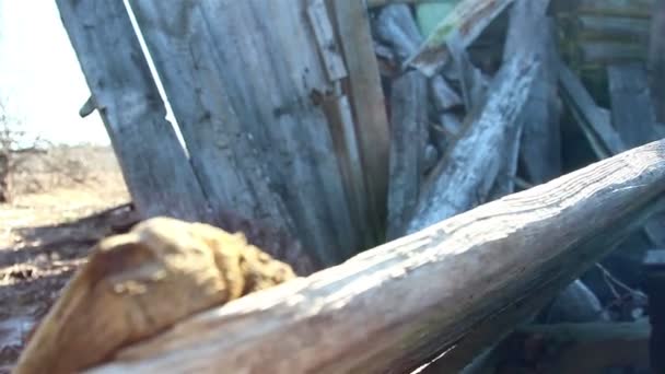 Holzklötze aus einem zerstörten Haus — Stockvideo