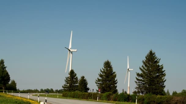 Dos molinos de viento y pinos al lado de la carretera — Vídeos de Stock