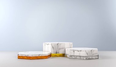 Altın, gümüş ve bronz yüzüklü mermer podyum 3. Ürünler için lüks kaide gösterisi. Beyaz mermerden yapılmış platformlar. 3B görüntüleme.