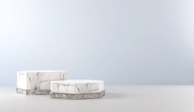 Gümüş yüzüklü mermer podyumlar. Ürünler için lüks kaide gösterisi. Beyaz mermerden yapılmış platformlar. 3B görüntüleme.