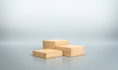 Tahta ürünler kaideyi sergiler. Ürün sergisi için ahşaptan yapılmış bir podyum. Tahta bloklardan yapılmış minimalist bir gösteri. 3B görüntüleme.