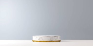 Ürünler için lüks kaide gösterisi. Beyaz mermerden yapılmış bir platform. Altın halka 3D işlemeli podyum.
