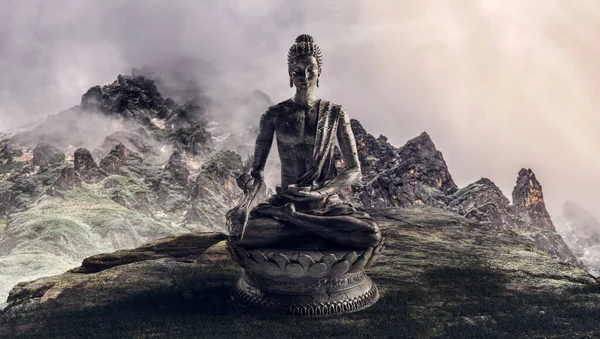 Buddha Meditál Hegyekben Buddhista Edzés Figyelem Nyugalom Béke Bölcsesség Szellemi — Stock Fotó