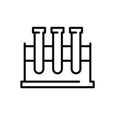 Bilim araştırma laboratuarı deney ikonu. Kimya tabelaları, tıbbi biyoloji ekipmanları. Vektör illüstrasyonu
