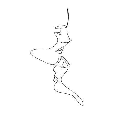 Bir çizgi aşığı çiziyor. Özet öpücük sanatı, soyut karalama iki yüz, erkek kadın çift minimum tasarım. Vektör illüstrasyonu