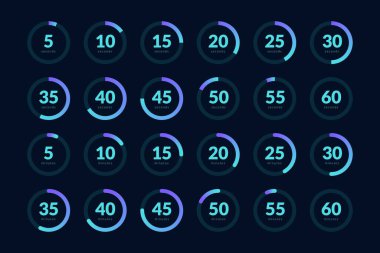 Fütürist arayüz sayım simgeleri. Sanal saat geri sayım bilimkurgu ekran paneli, dijital gösterge paneli. Vektör illüstrasyonu