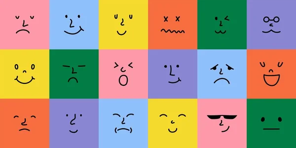 Iconos de cara de sonrisa abstracta. Avatares emoji de dibujos animados, conjunto de personajes emoticones coloridos, divertidos doodle elementos vectoriales aislados — Vector de stock