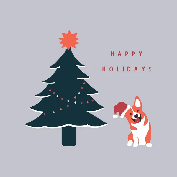 Lustiger Corgi-Weihnachtsbaum. Abstrakter Cartoon süßer Corgi-Hund in der Nähe des grünen Baumes, Weihnachten Silvester Vektorillustration — Stockvektor