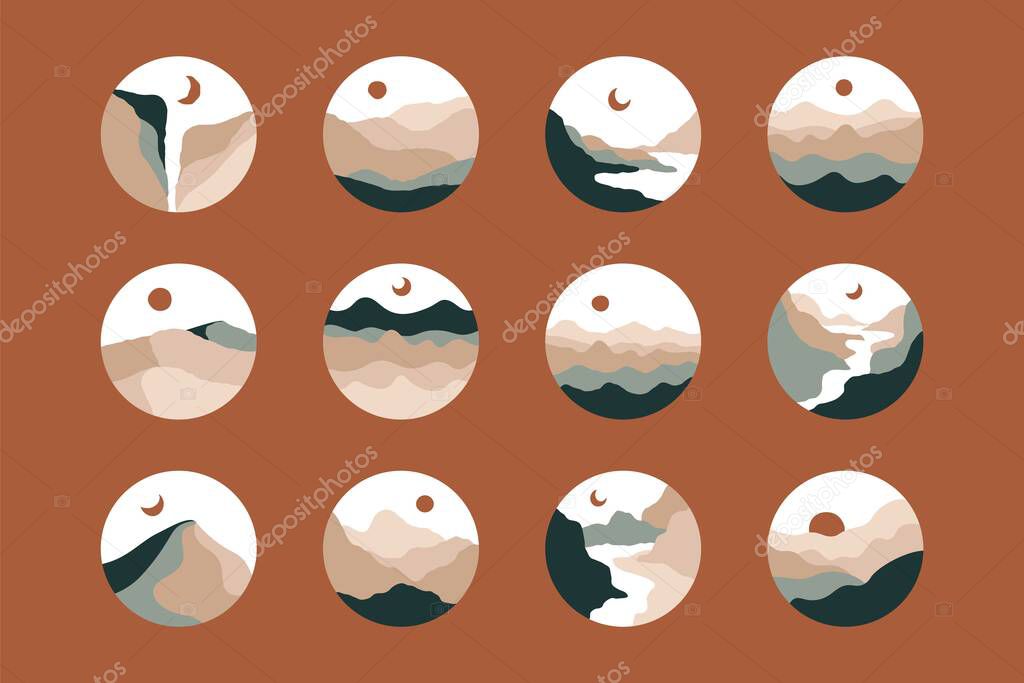 Mountain landscape social media highlights. Round contemporary river hills sun moon desert boho icons. Vector stories.