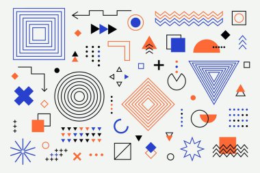 Memphis geometrik şekilleri. Eski tip soyut elementler, modern hipster figürleri 80 'lerin tarzı. Vektör illüstrasyonu