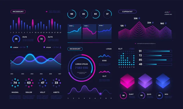 Tableau de bord futuriste de l'assurance-chômage. Cartes d'interface de données infographiques technologiques, statistiques, diagrammes. Illustration vectorielle numérique — Image vectorielle