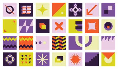 Bauhaus geometrik vahşet biçimleri. Modern kalın bloklar, dinamik soyut şekiller basit tasarım. Vektör illüstrasyonu